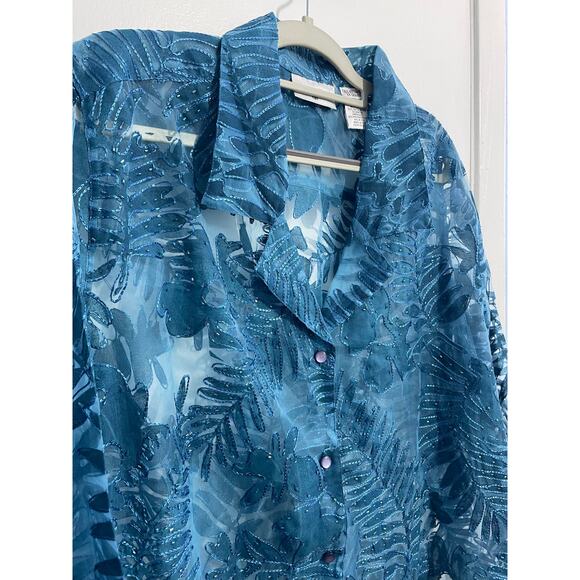Units Tall Blouse XXL Tall Blue Sheer Tropical Floral Embroidered Beaded NWOT - Picture 3 of 7